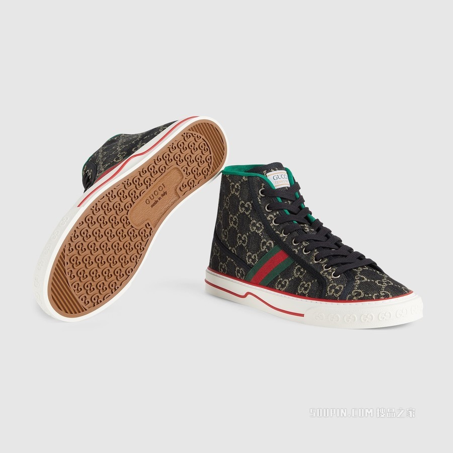 Gucci Tennis 1977系列男士高帮运动鞋 黑色和象牙白色GG丹宁面料