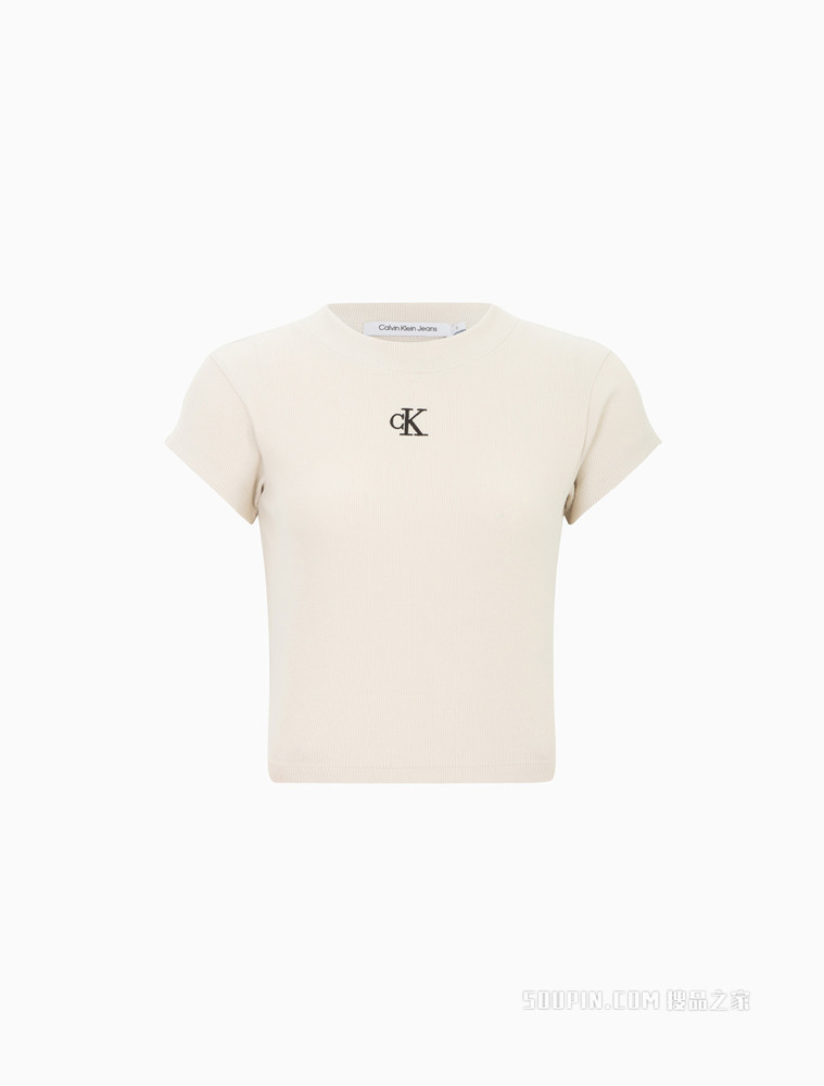 Calvin Klein 女士时尚短款螺纹刺绣LOGO修身短袖T恤J218337