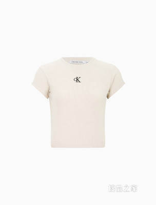 Calvin Klein 女士时尚短款螺纹刺绣LOGO修身短袖T恤J218337