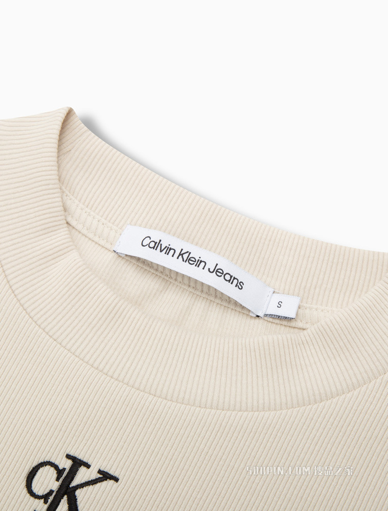 Calvin Klein 女士时尚短款螺纹刺绣LOGO修身短袖T恤J218337
