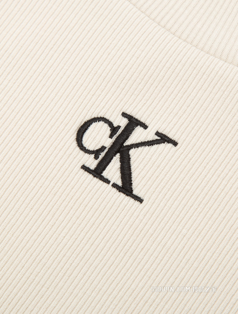 Calvin Klein 女士时尚短款螺纹刺绣LOGO修身短袖T恤J218337