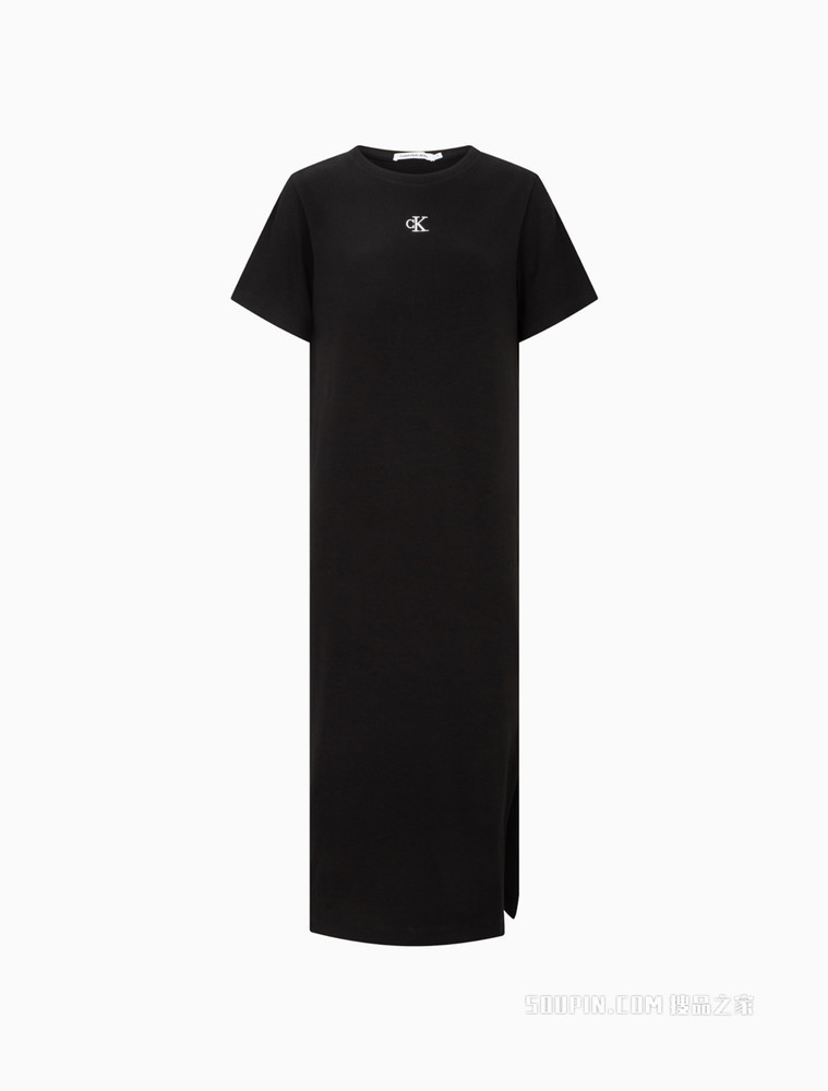 Calvin Klein 女士时尚圆领螺纹刺绣LOGO开叉连衣裙J218405