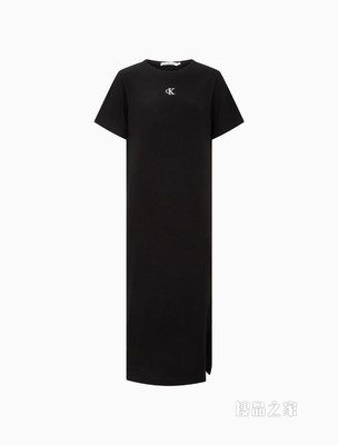 Calvin Klein 女士时尚圆领螺纹刺绣LOGO开叉连衣裙J218405