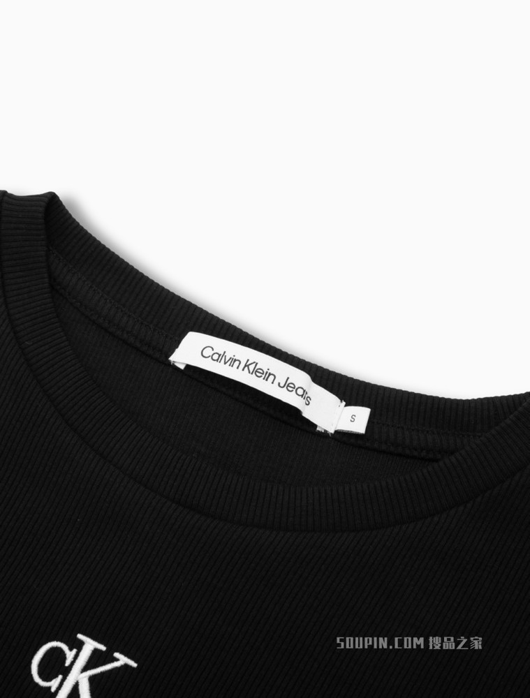 Calvin Klein 女士时尚圆领螺纹刺绣LOGO开叉连衣裙J218405