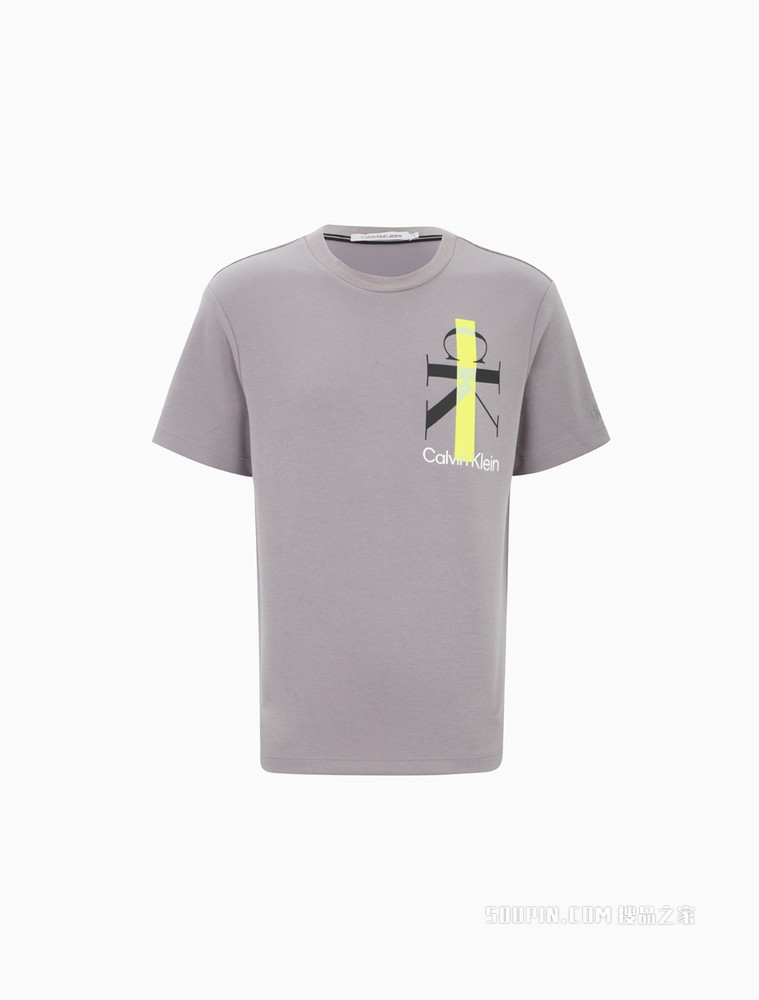 Calvin Klein 男士圆领荧光色交叠LOGO印花短袖T恤J320576