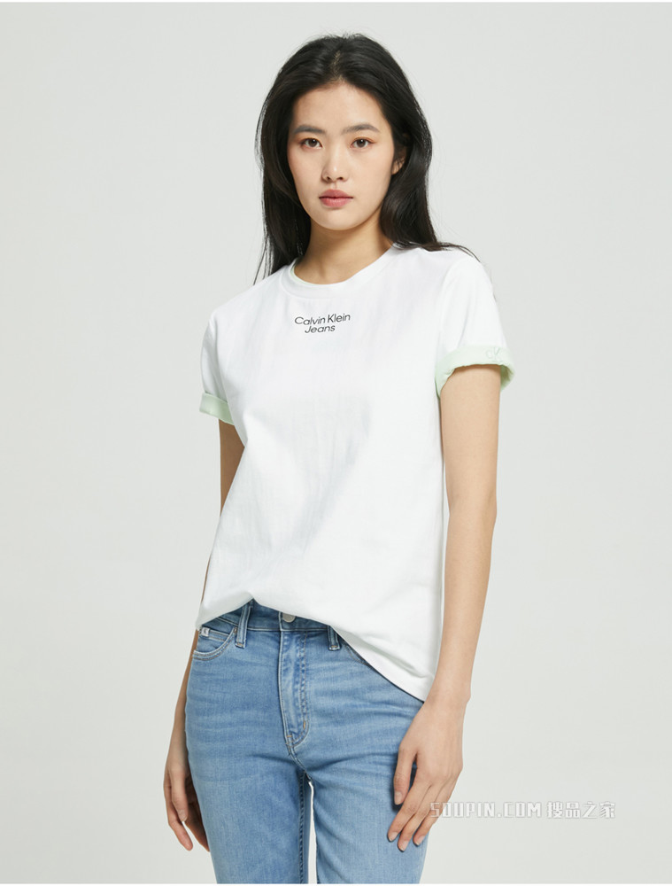 Calvin Klein 女士休闲圆领纯棉简约胶质LOGO短袖T恤J218708