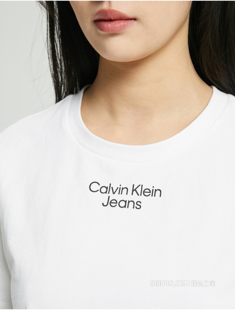 Calvin Klein 女士休闲圆领纯棉简约胶质LOGO短袖T恤J218708