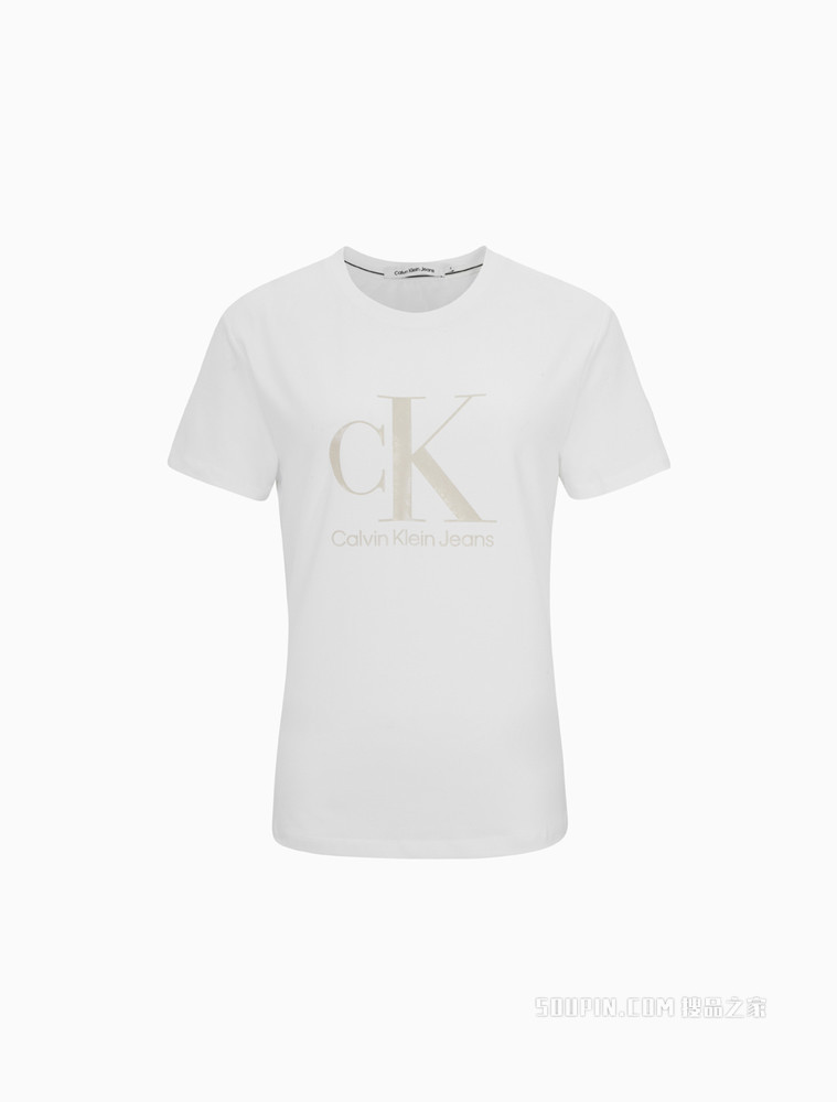 Calvin Klein 女士休闲圆领同大身色胶质LOGO短袖T恤J218907