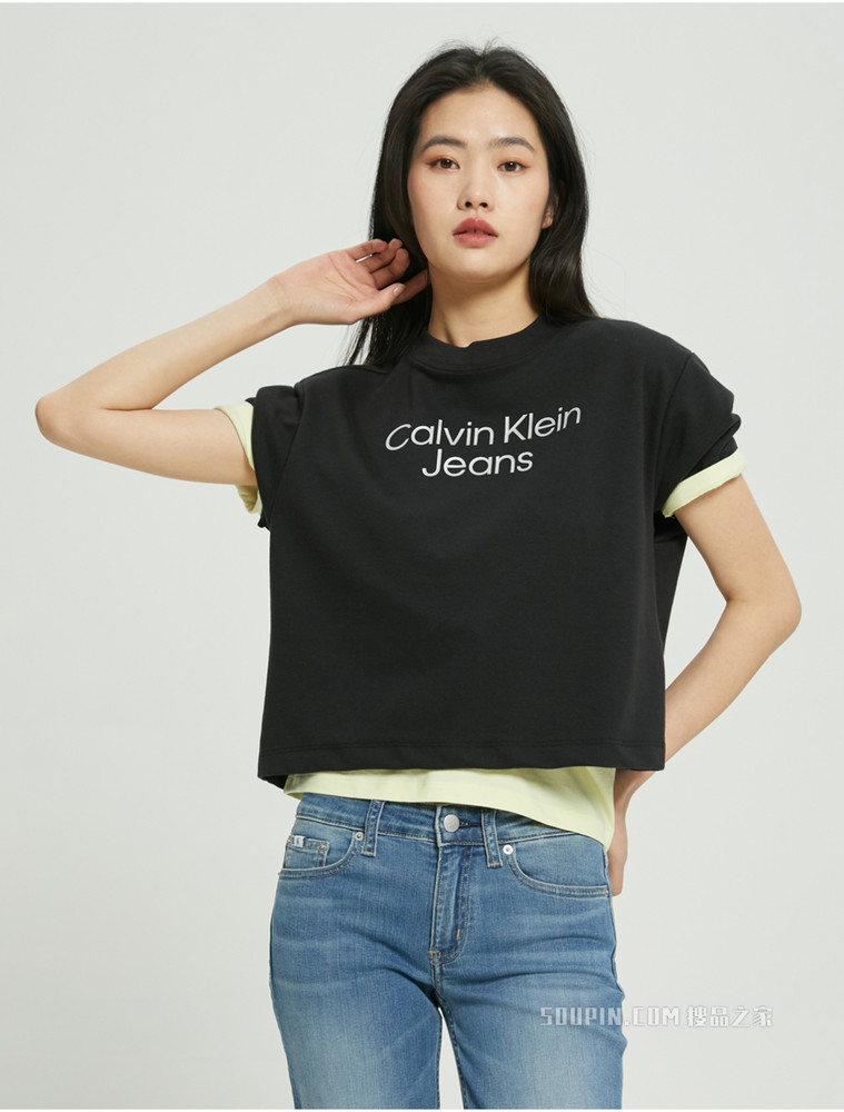 Calvin Klein 女士圆领短款宽松LOGO印花短袖T恤J218911