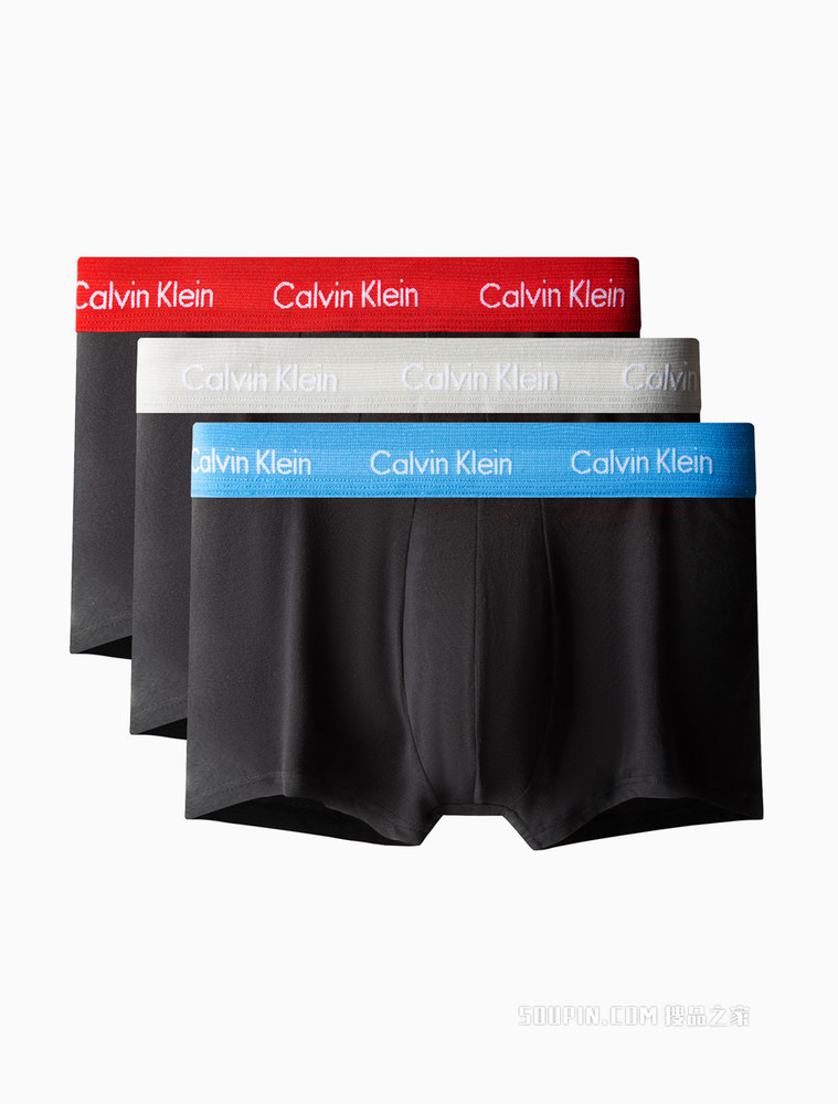 Calvin Klein 男士三条装彩色LOGO腰边低腰透气平角内裤U2664