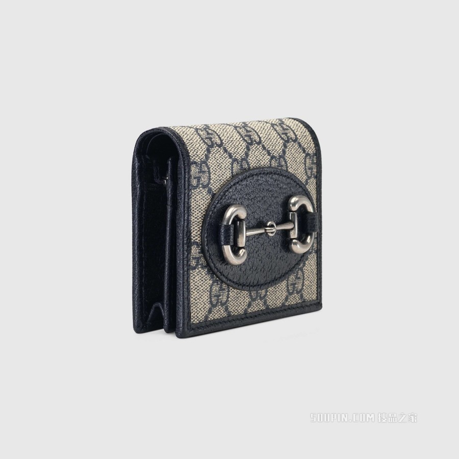 Gucci 马衔扣1955系列卡包 米色和蓝色GG Supreme帆布