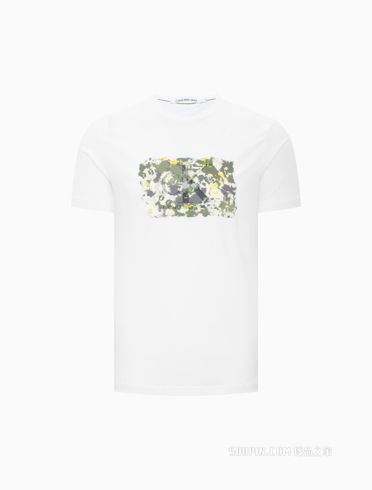 Calvin Klein 男士圆领彩纹字母LOGO重叠胶印短袖T恤J320572