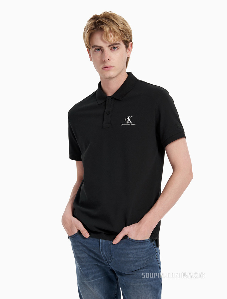 Calvin Klein 男装简约纽扣半开襟翻领胶质印花短袖polo衫J319635