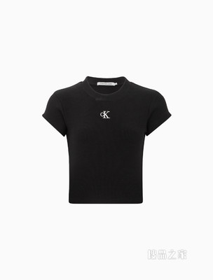 Calvin Klein 女士时尚短款螺纹刺绣LOGO修身短袖T恤J218337