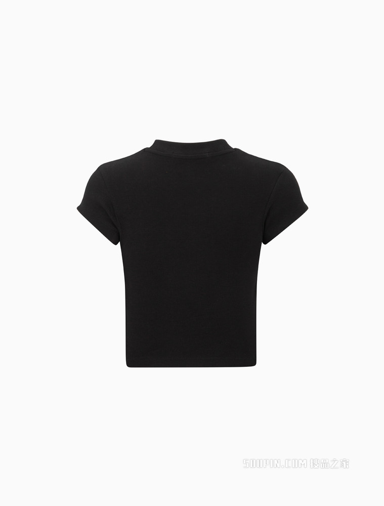 Calvin Klein 女士时尚短款螺纹刺绣LOGO修身短袖T恤J218337