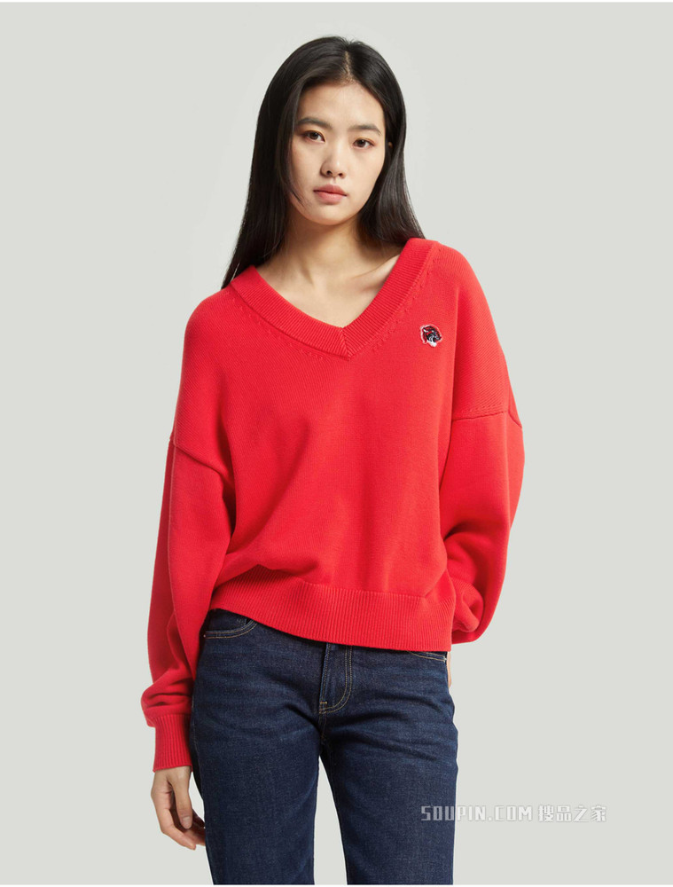 【虎年系列】Calvin Klein 女士LOGO刺绣虎头纯棉V领毛衣J217944