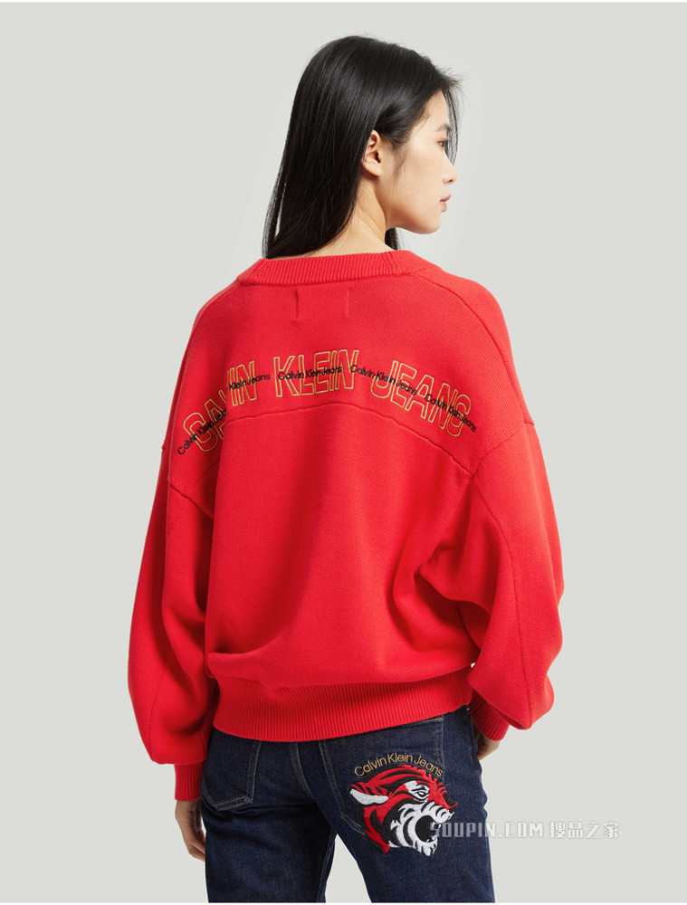 【虎年系列】Calvin Klein 女士LOGO刺绣虎头纯棉V领毛衣J217944