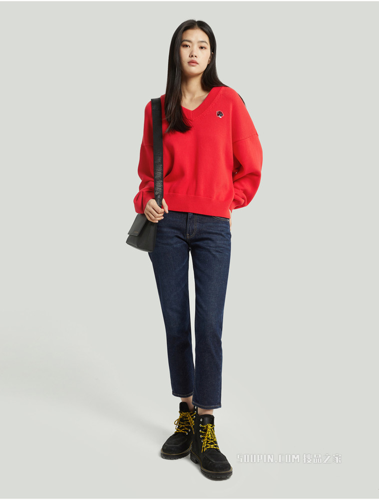 【虎年系列】Calvin Klein 女士LOGO刺绣虎头纯棉V领毛衣J217944