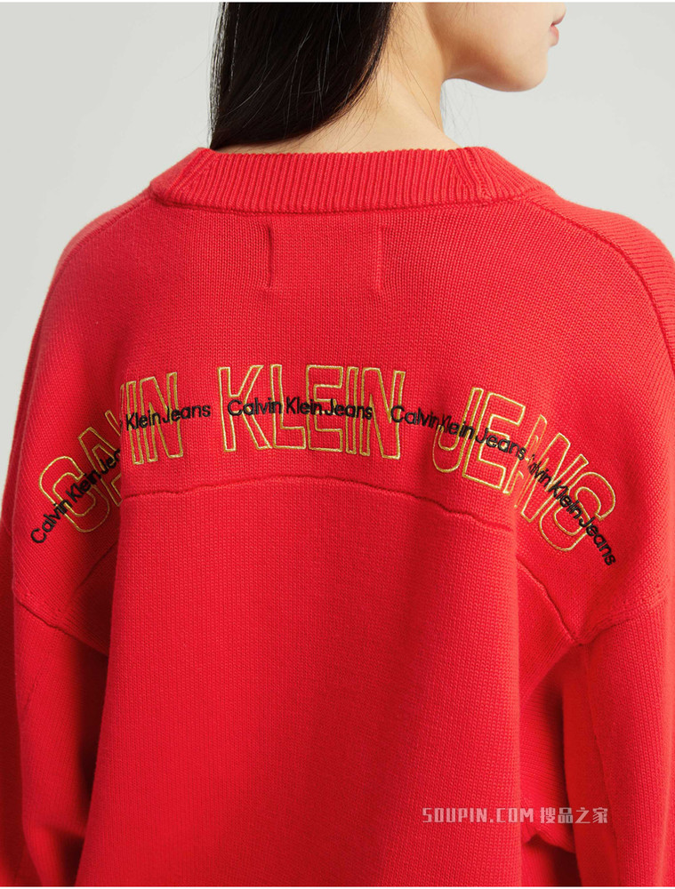 【虎年系列】Calvin Klein 女士LOGO刺绣虎头纯棉V领毛衣J217944