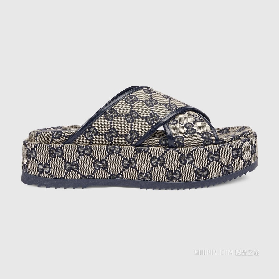 女士GG防水台拖鞋 米色和蓝色帆布