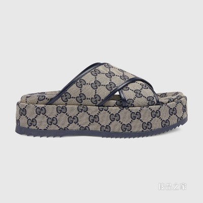 女士GG防水台拖鞋 米色和蓝色帆布