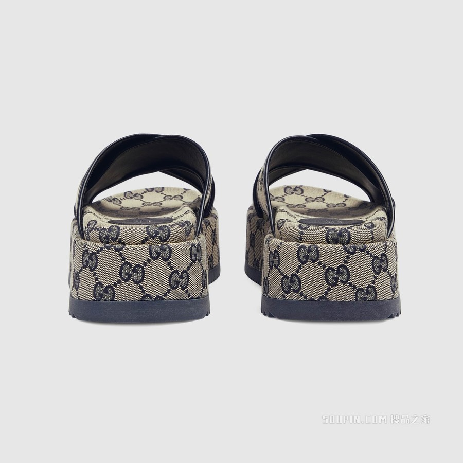 女士GG防水台拖鞋 米色和蓝色帆布