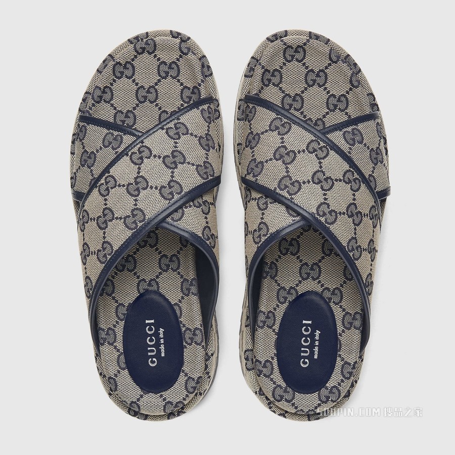 女士GG防水台拖鞋 米色和蓝色帆布