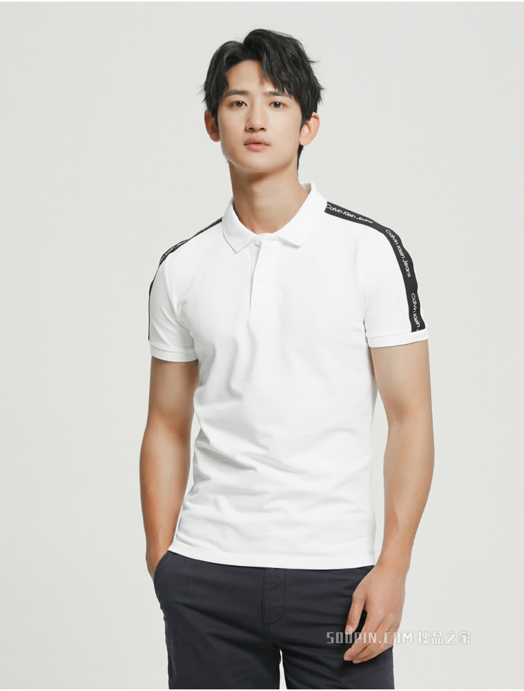 Calvin Klein 男士时尚翻领撞色LOGO织带短袖POLO衫J320598