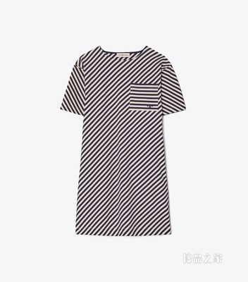 口袋条纹 T 恤式连衣裙 Tory 海军蓝/奶油白