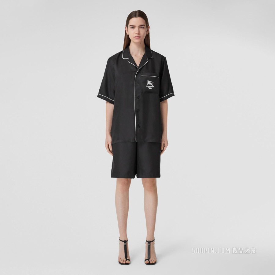 徽标印花丝质睡衣式衬衫（男女同款） (黑色) - 女士