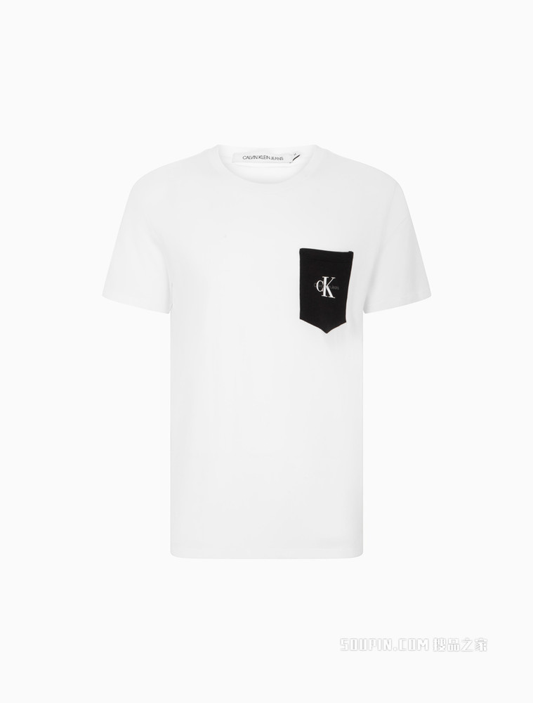Calvin Klein 男士圆领纯棉交叠LOGO贴布袋短袖T恤ZM01883