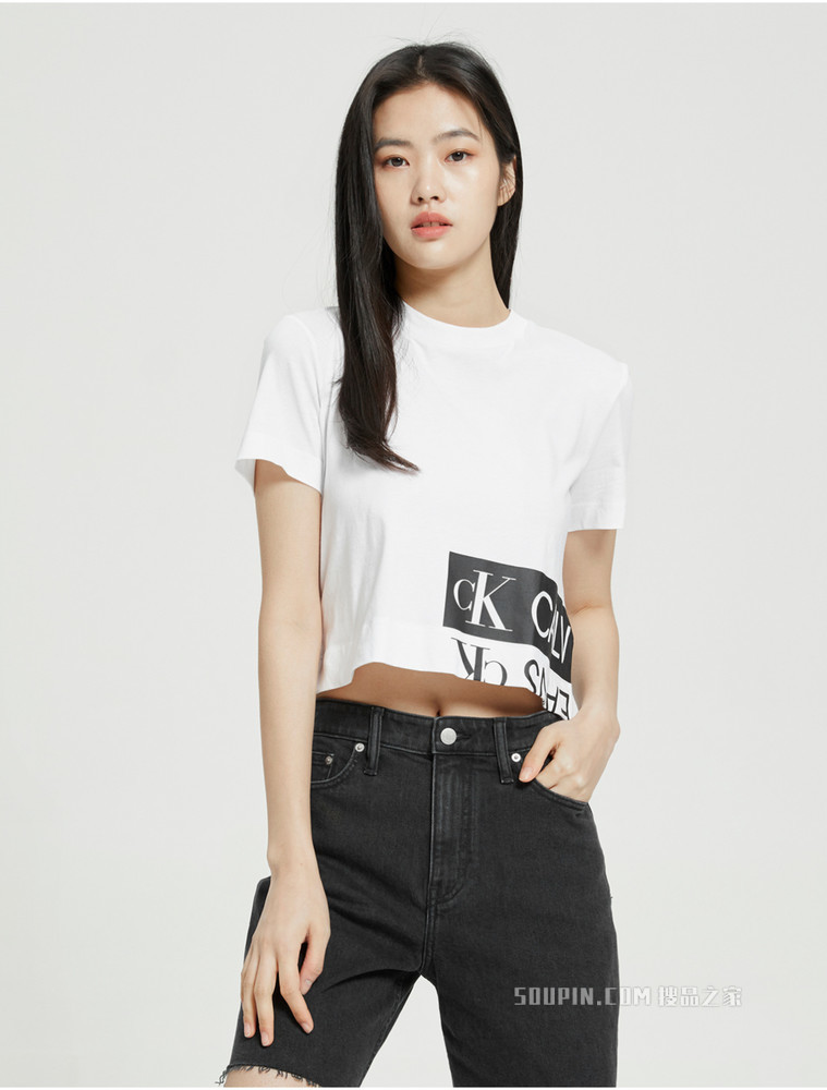 Calvin Klein 女士圆领短款纯棉箱型印花LOGO短袖T恤ZW01699