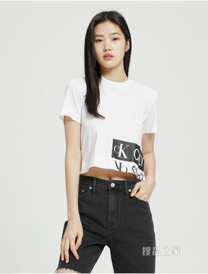 Calvin Klein 女士圆领短款纯棉箱型印花LOGO短袖T恤ZW01699