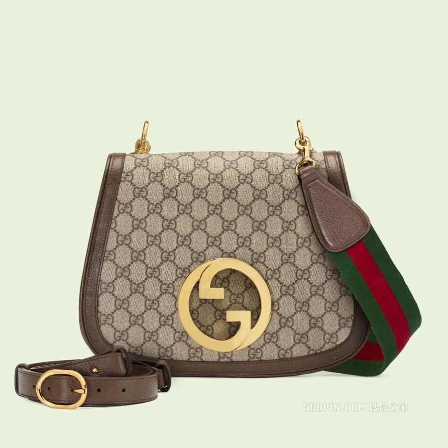 圆形互扣式双G中号肩背包 米色和乌木色GG Supreme帆布