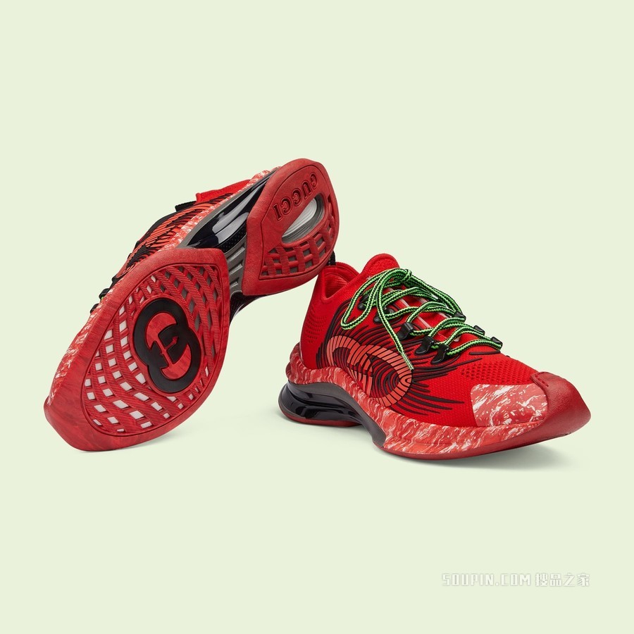Gucci Run男士运动鞋 红色平纹针织织物