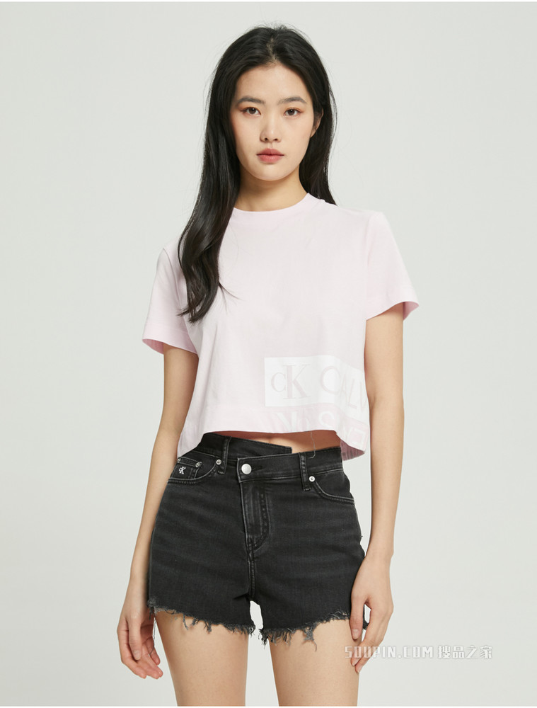 Calvin Klein 女士圆领短款纯棉箱型印花LOGO短袖T恤ZW01699