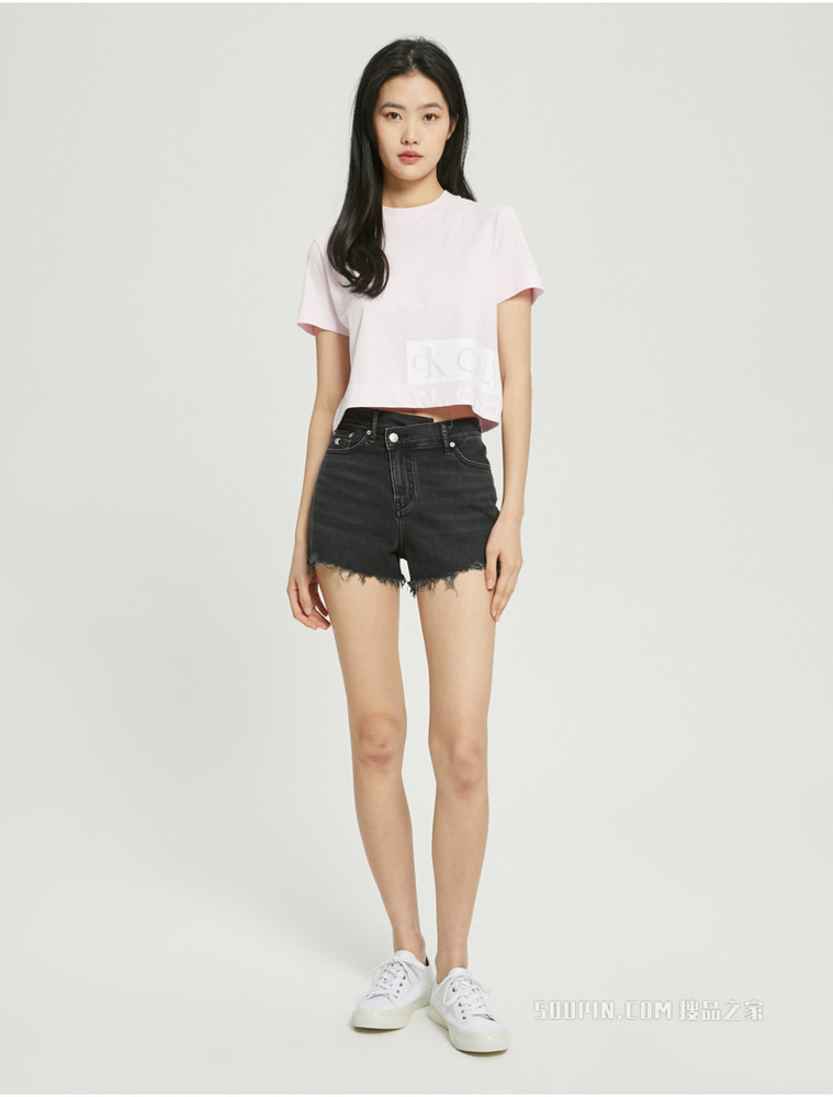 Calvin Klein 女士圆领短款纯棉箱型印花LOGO短袖T恤ZW01699