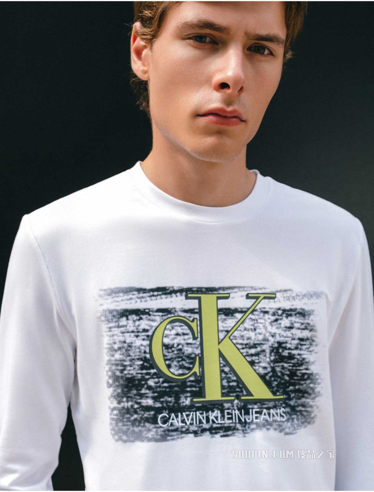 Calvin Klein 男装时尚撞色LOGO印花圆领长袖T恤J319610