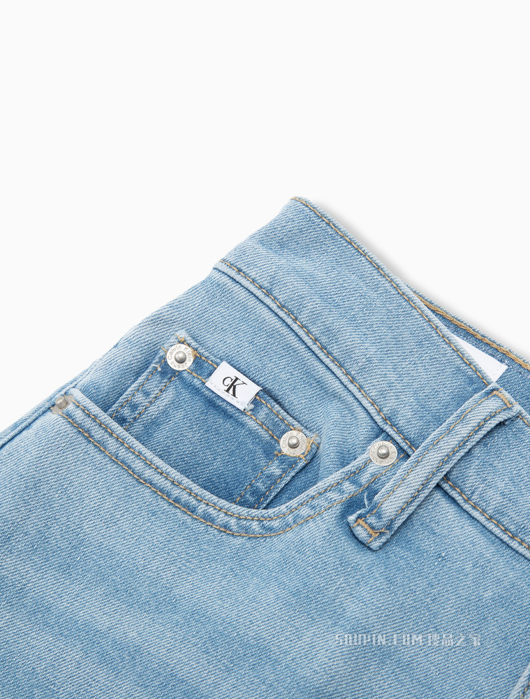 Calvin Klein 女士高腰宽松LOGO贴片水洗微弹阔腿牛仔裤J218735