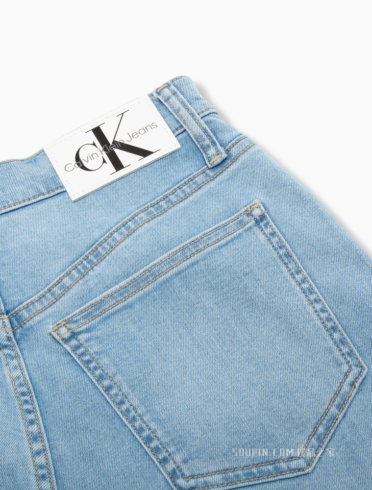 Calvin Klein 女士高腰宽松LOGO贴片水洗微弹阔腿牛仔裤J218735