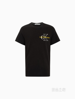 Calvin Klein 男士时尚圆领纯棉交叠LOGO绣印短袖T恤J320181
