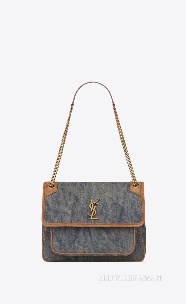 Niki中号牛仔布和光滑皮革手袋
