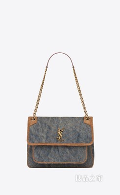 Niki中号牛仔布和光滑皮革手袋