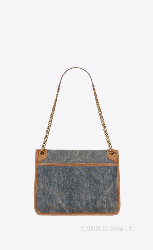 Niki中号牛仔布和光滑皮革手袋