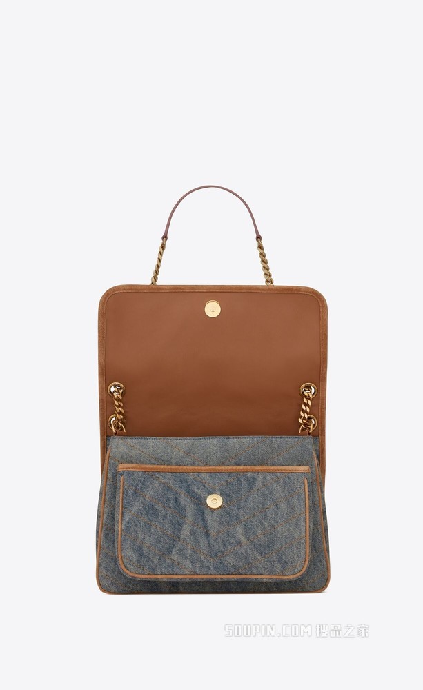 Niki中号牛仔布和光滑皮革手袋