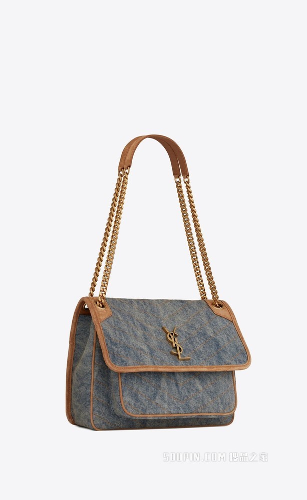 Niki中号牛仔布和光滑皮革手袋