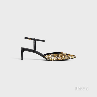 CELINE KITTEN刺绣牛皮革和牛皮革饰带高跟鞋 24561