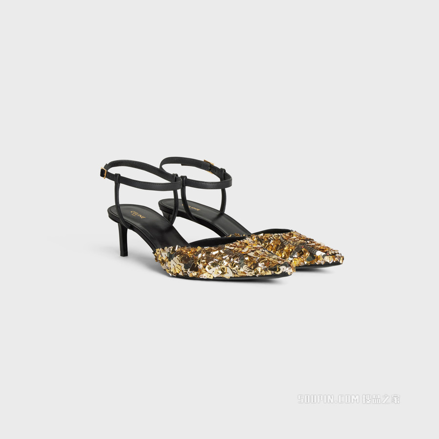 CELINE KITTEN刺绣牛皮革和牛皮革饰带高跟鞋 24561