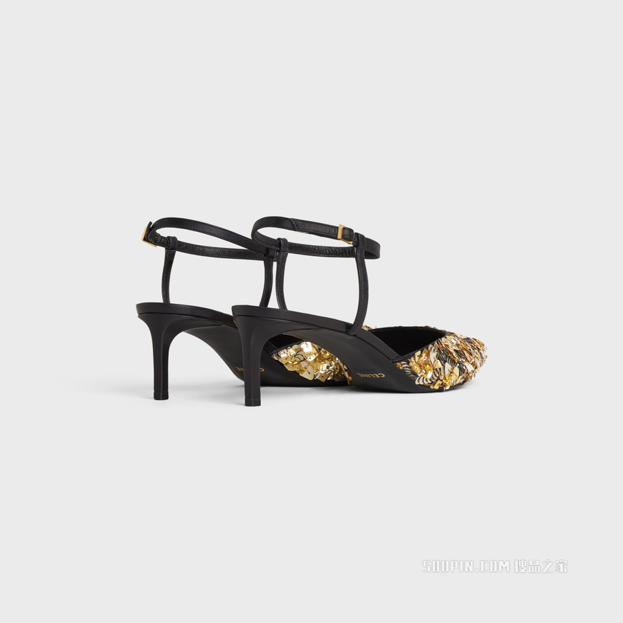 CELINE KITTEN刺绣牛皮革和牛皮革饰带高跟鞋 24561