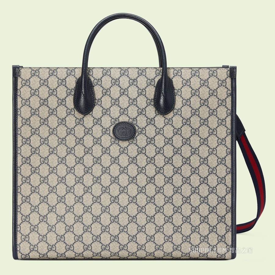 互扣式双G中号托特包 米色和蓝色GG Supreme帆布